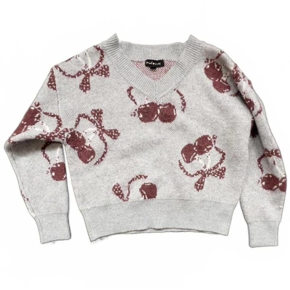 Social Scene Sweater Gray Burgundy Cherry Bow V-Neck Knit‎ Pullover Small